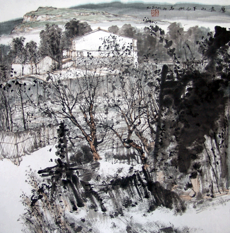 左剑虹《磨盘山下毛洲岛》中国画